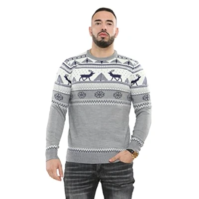 Image of NOROZE Men&#039;s Merry Christmas Mock Zip Nordic Style Reindeer Moose Stag Funnel Crew Neck Festive Xmas Jumper (XXL, Cream)