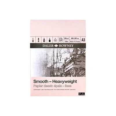 Image of Daler Rowney Smooth 220gsm A3 Heavyweight Drawing Paper Pad, Glued 1 Side, Acid free, 25 Natural White Sheets, Ideal for Professional Artists &amp; Students