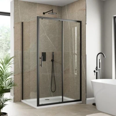 Image of Luxura® 1400 x 900mm Sliding Shower Enclosure Door Screen for Wet Room Cubicle Enclosures, 6mm Toughened Safety Glass, Framed, Reversible, Matt Black