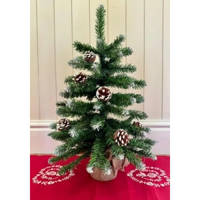 Image of Mini Christmas Tree, 60cm, Miniature Pine Tree with Stand, Green or Snowy Cones (1, Snow Tipped w/Pine Cones)
