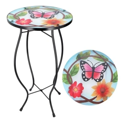 Image of Iron/Glass Round Mosaic Design Side Table Garden Outdoor Patio Flower Plant Stand (Small Butterfly)