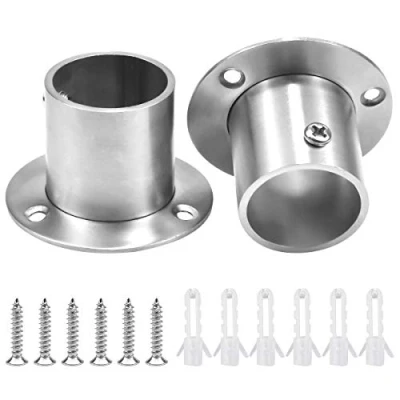 Image of 2pcs Wardrobe Rail Rod Pole Socket, Adjustable 32mm Dia Pipe Bracket, Stainless Steel Socket Flange Set, Wall Mount Hanging End Supports for Closet Curtain (Silver)