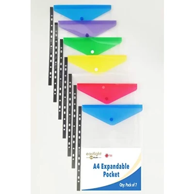 Image of Ring Binder Punch Pocket Popper Wallet (Expandable) Pack of 7, A4, Portrait, Assorted Colours