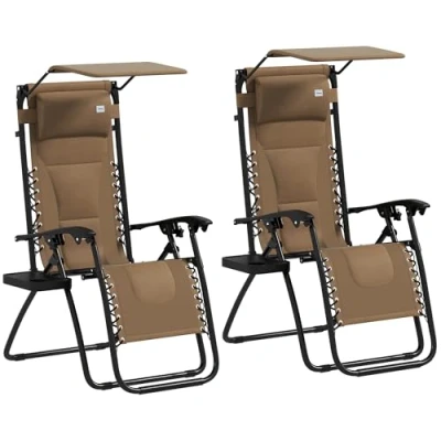 Image of Outsunny Zero Gravity Lounger Chair Set of 2, Folding Reclining Patio with Shade Cover, Cup Holder, Soft Cushion and Headrest for Poolside, Camping, Brown
