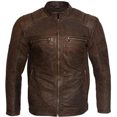 Image of Men’s Casual Brown Buff Leather Cafe Racer Biker Jacket 3XL