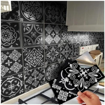 Image of 48 Black Tile Stickers Victorian Moroccan Mosaic Style Transfers Cover for 6x6 15 x 15cm Kitchen Bathroom Stick On Wall Peel and Decals