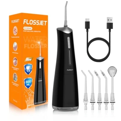 Image of FlossJet Water Dental Flosser for Teeth Cordless with 300ML 4 Cleaning Modes 5 Jet Tips Portable Oral Irrigator USB Powered Electric IPX7 Waterproof Home and Travel Black