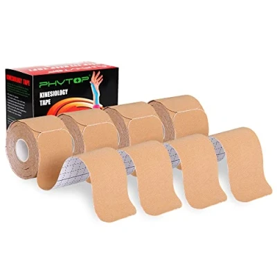 Image of PHYTOP Kinesiology Tape Pre Cut Beige Physio Strips for Muscle, Joints&amp; Tendons Knee Support (4 Rolls, 80 Strips)