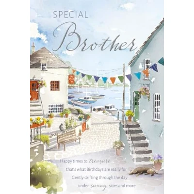 Image of Noel Tatt Special Brother Birthday Card Coastal Boat Scene with Sentiment Poem Eco Friendly and Recyclable