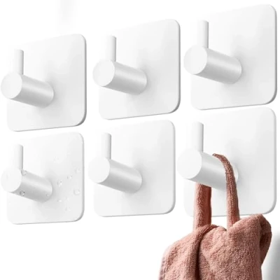 Image of 4smile Self Adhesive Hooks 6 pcs Strong White Sticky for Hanging Towels Stick on Waterproof, Bathroom Towel Hooks, Tea