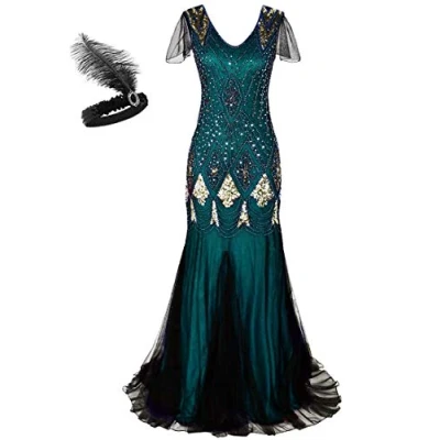 Image of aifuu 1920s Flapper Fringed Sequin Dress Roaring 20s Fancy Gatsby Costume V Neck Vintage Beaded Evening (Green Gold, 2XL)