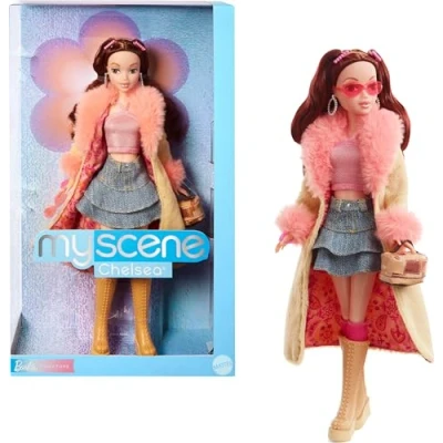 Image of Barbie Signature My Scene Doll and Accessories, Chelsea in Y2K Inspired Outfit with Butterfly Top, Cargo Jeans, Denim Bag Stand, HYC19