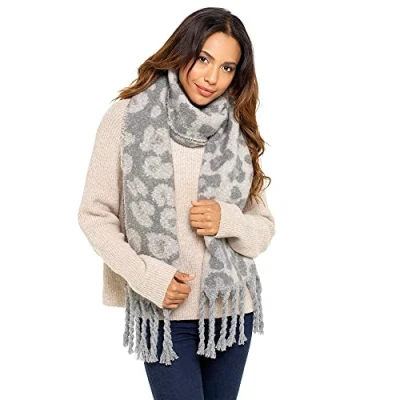 Image of Undercover Ladies Grey Animal Print Brushed Blanket Scarf with Tassles GL868