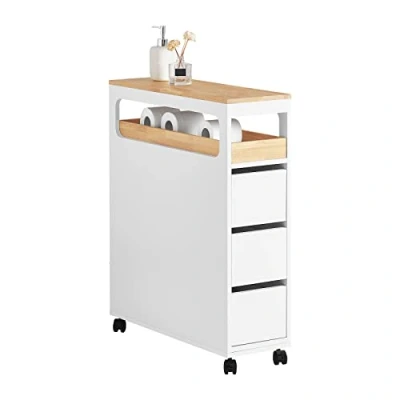 Image of SoBuy Narrow Bathroom Cabinet on Wheels Toilet Paper Roll Holder White W65 x D23 H82cm BZR54 W