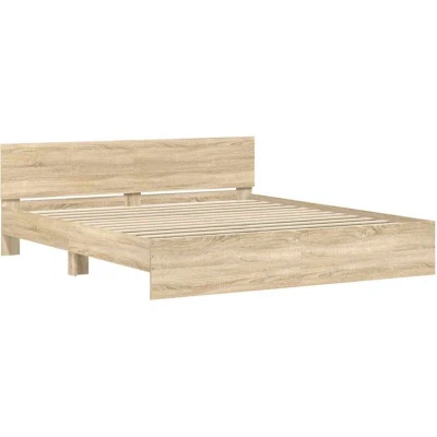 Image of vidaXL Sonoma Oak Double Bed Frame 160x200 cm with Headboard, Engineered Wood Construction and Plywood Slats for Bedroom Stability
