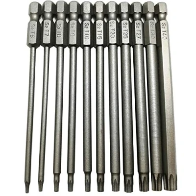 Image of Long Torx Security Head Screwdriver Drill Set 1/4 Inch Hex Shank T6 T7 T8 T9 T10 T15 T20 T25 T27 T30 T40 11 Pieces 4 Length S2 Steel Bit (11pcs 100mm)