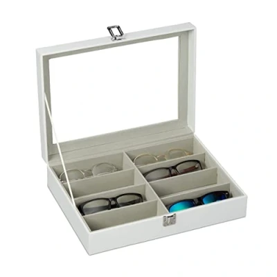 Image of Relaxdays Glasses Box for 8, Sunglasses Storage, Faux Leather, PU, Velvet, White, 1 Piece