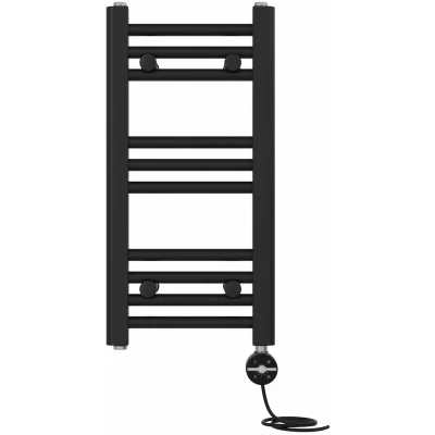 Image of NRG Prefilled Straight Electric Heated Towel Rail Radiator Black Thermostatic Bathroom Warmer with Touch Screen Display 600x300mm 200W