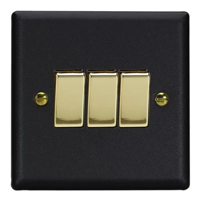 Image of Varilight Vogue Collection Matt Black 3 Gang 1 or 2 Way 10 Amp Switch with Brass Rocker …