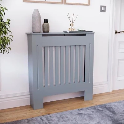 Image of Vida Designs Chelsea Small Dark Grey Radiator Cover Modern Slatted Heating Cabinet, Easy DIY Fit, Ideal for Living Room, Hallway, or Bathroom