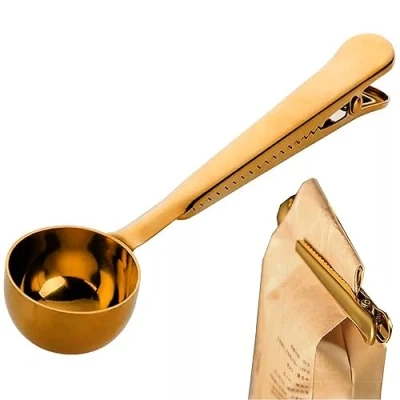 Image of MINGZE Stainless Steel Coffee Measuring Scoop, with Bag Seal Clip Spoon for Milk Powder Tea Oatmeal, Ground and Beans, Great Gift Basket Idea (Gold)