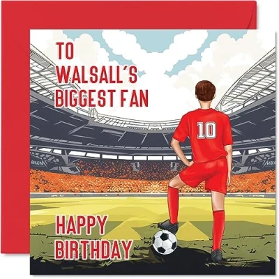 Image of Football Birthday Card for Walsall Fans Biggest Fan Fun Happy Son Dad Brother Uncle Colleague Friend Cousin, 145mm Footy Footie Bday Greeting Cards
