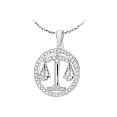 Image of Tuscany Silver Women&#039;s Sterling Rhodium Plated CZ Libra Horoscope Round Pendant on Curb Chain 46cm/18&quot;
