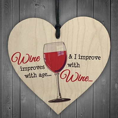 Image of RED OCEAN I Improve With Wine Novelty Wooden Hanging Heart Gift Best Friends Sign Friendship Plaque