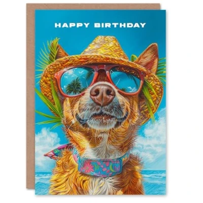 Image of Artery8 Birthday Card Dog Lover Fun Tropical Vacation Portrait For Him Man Male Dad Brother Son Papa Grandad Greeting