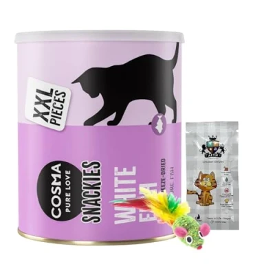 Image of AETN Creations Cat Treat Bundle with Cosma Freeze Dried Snacks White Fish Flavour 110g Chicken and Toy Mouse, Grain Free, for Adult Cats