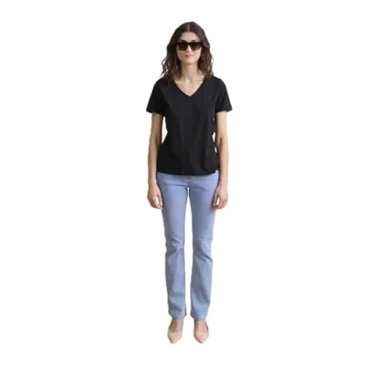 Image of Cream Women&#039;s T Shirt V Neck Short Sleeves Regular Fit Jersey Tee Cotton Blend, Navy Blazer, M