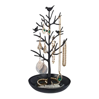 Image of Relaxdays Jewellery Tree, Stand with Tray, H x W D: Approx. 30 16 15 cm, Metal, Black, 100%