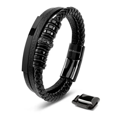 Image of SERASAR Mens Leather Bracelet 20cm Black Men Gift Box Genuine Braided Adjust Able Magnetic Clasp Multi Layer Wrap Rope Man Mans Bracelets Jewelry Magnet Accessories