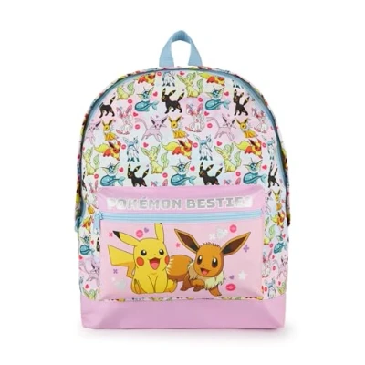 Image of Pokemon Girls Pink Glitter School Backpack Eevee &amp; Pikachu Besties Character All Over Print Rucksack Luggage Bag Adjustable Straps TCG Game Movie Cartoon Series Merchandise Gift