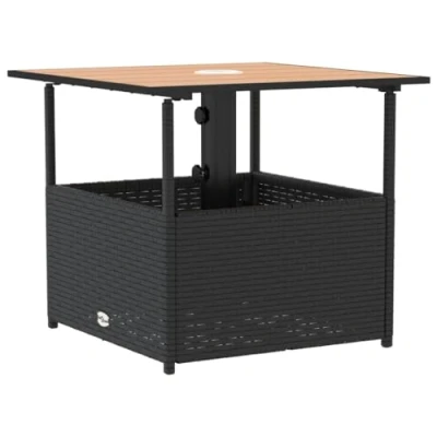 Image of vidaXL Garden Table with Parasol Hole Square Outdoor Black Poly Rattan/Acacia Wood Top 55x55x46.5 cm for Patio Terrace Backyard