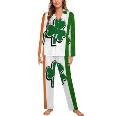 Image of Irish Flag With Shamrock Pattern Womens Pyjamas Set Long Sleeve Pjs Sets Pajama Sleepwear Loungewear XL