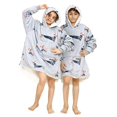 Image of GC GAVENO CAVAILIA Snowy Christmas Hoodie Blanket, Kids Oversized Hoodie, Xmas Hooded Blanket Sweatshirt Kids, One Size Fits All, Grey