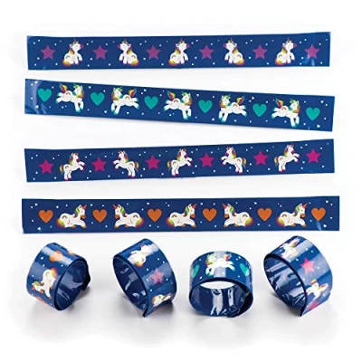 Image of Baker Ross AR584 Rainbow Unicorn Slap Bracelets (Pack of 4) Snap On for Kids Party Bag Filler