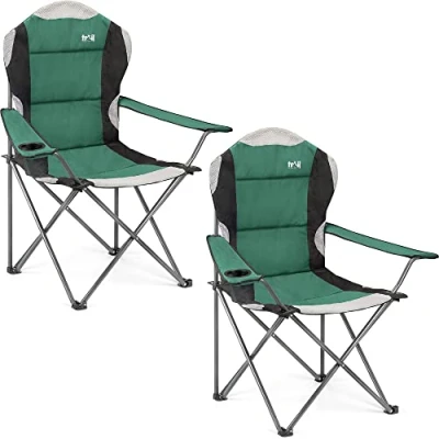 Image of Trail High Back Folding Camping Chair, Luxury Padded Seat, Heavy Duty Tubular Steel, Cup Holder Armrest, Lightweight Portable, Outdoor Garden, Carry Bag (2 x Chairs)