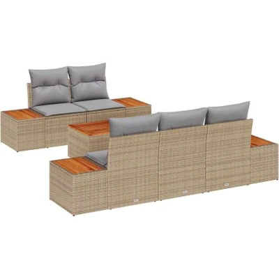 Image of vidaXL 6 Piece Garden Sofa Set with Cushions Beige Poly Rattan Acacia