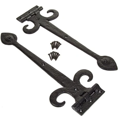Image of Pair of Long Black Cast Iron T Door Hinges 14&quot; in Country Arrowhead Strap Design