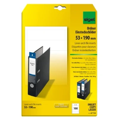 Image of SIGEL LP734 Lever Arch File Spine Labels, 5.3 x 19 cm, 185 gsm, 100 Pieces equal to 20 sheets, White