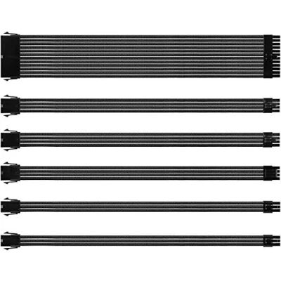 Image of Black Sleeved Cable PSU Extension Kit with 24 PIN 8 6 4+4 Cables for ATX Power Supply