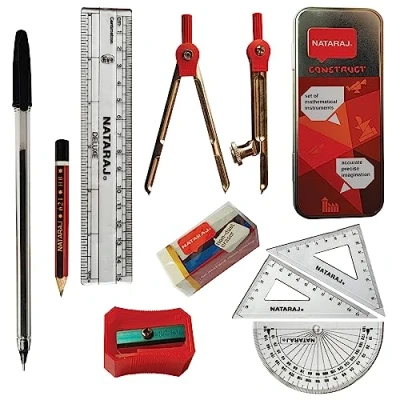 Image of 9 Pcs INSTA Maths Geometry Set, Drawing Compass Protractor Ruler Squares Pencil Sharpener Eraser Set for Student Exam Instruments in Tin Case, iZOFAX Black Ball Pen