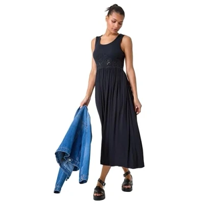Image of Roman Originals Cotton Blend Lace Detail Midi Dress for Women UK Ladies Everyday Holiday Spring Summer Round Neckline Comfy Soft Evening Vacation Work Party Black Size 18