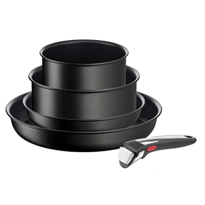 Image of Tefal Ingenio Unlimited ON 5 piece Non Stick Induction Pan Set, 22&amp;28 cm Frying Pans, 16&amp;20 Saucepans, 1 Bakelite Removable Handle, Easy Cleaning, Heat Indicator, Black, L3959543