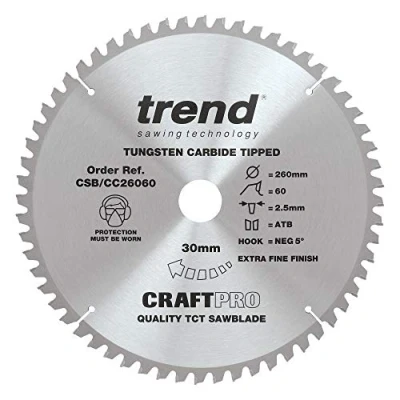 Image of Trend Wood Mitre Saw Blade, 260mm Diameter, 30mm Bore, 60 Teeth, TCT, 2.5mm Kerf, 5 Hook, CSB/CC26060