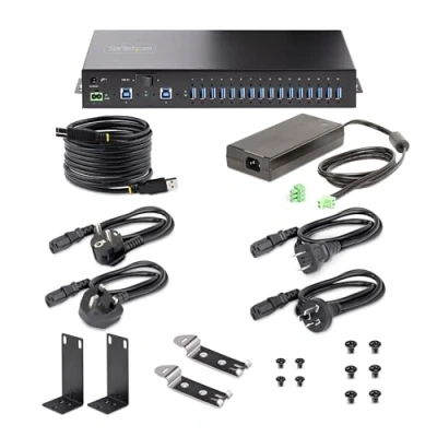 Image of StarTech.com 16 Port Industrial USB 5Gbps Hub with Power Adapter, Metal, DIN/Surface/Rack Mountable, Dual Host Hub/Switch