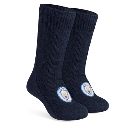 Image of Manchester City FC Slipper Socks for Men and Teenagers Soft Warm Non Slip Bed Size 2 12 Man Gifts (Navy, 7/12 UK)
