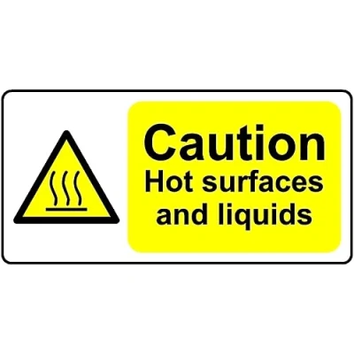 Image of Caution hot surfaces and liquids safety sign Self adhesive sticker (200mm x 100mm)